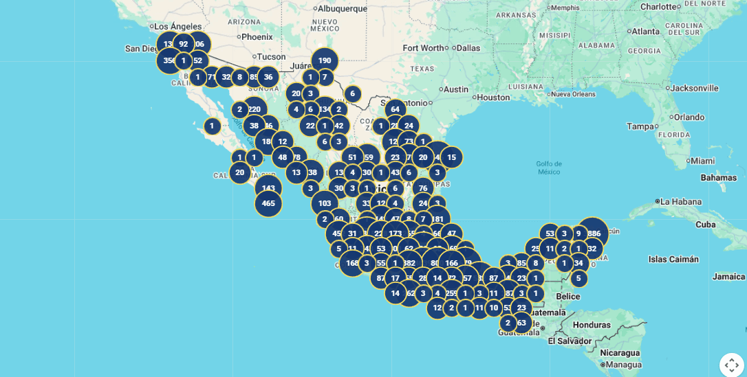 Mapa de México con las propiedades de AGNOR agrupadas por zona